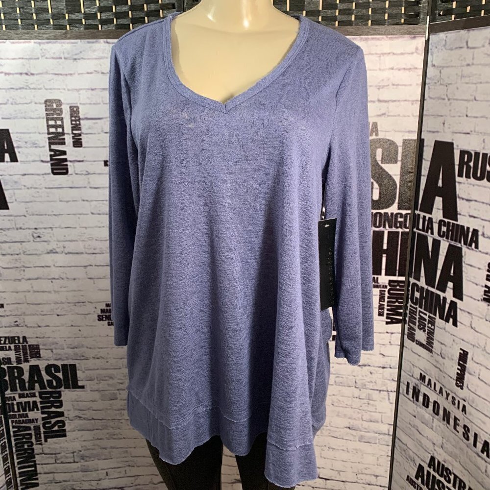 Always Indigo Blue V-Neck Step-Hem 3/4 Sleeve Top